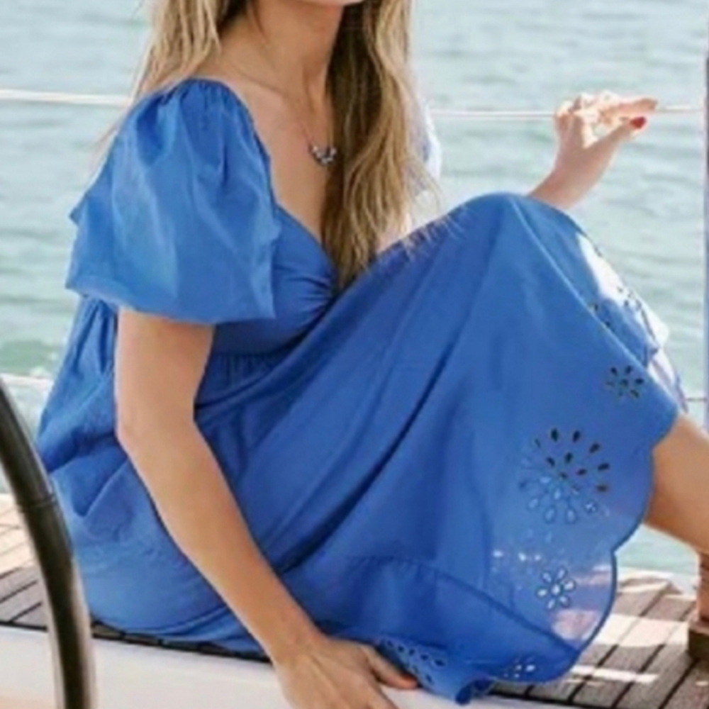 LC Lauren Conrad Midi Dress NWOT Blue Puffed Sleeve Smocked Cutout Dress